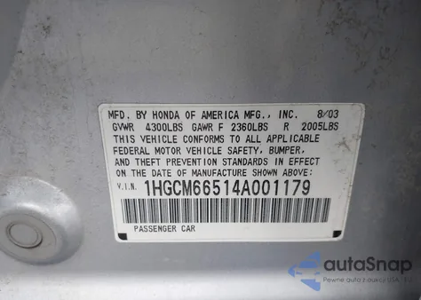 2004 Honda Accord 3.0 Ex from USA, damaged, VIN 1HGCM66514A001179